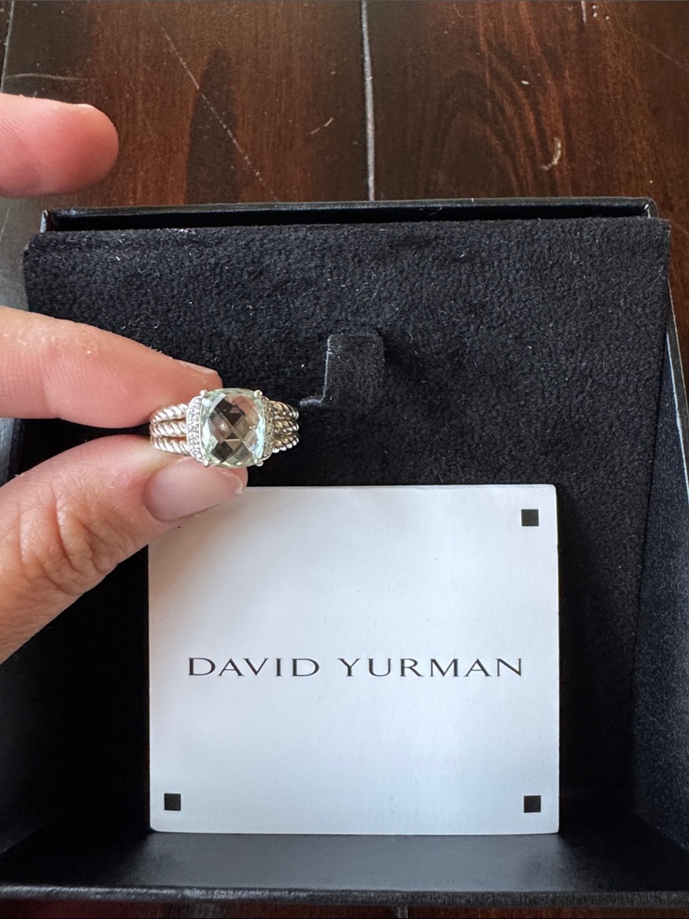 David Yurman Sterling Silver Cable Ring with Pale Green Gem